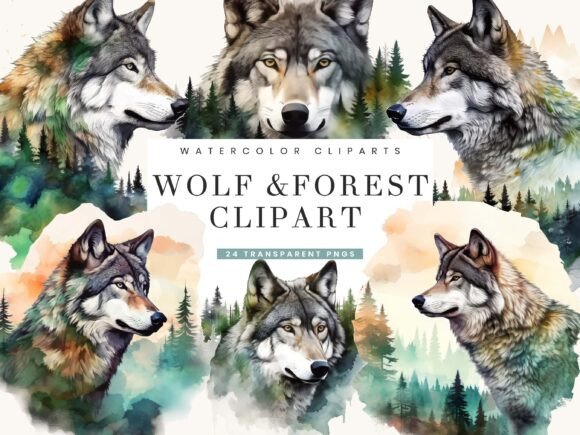 Download Watercolor Wolf and Forest Clipart - Forest Collection
