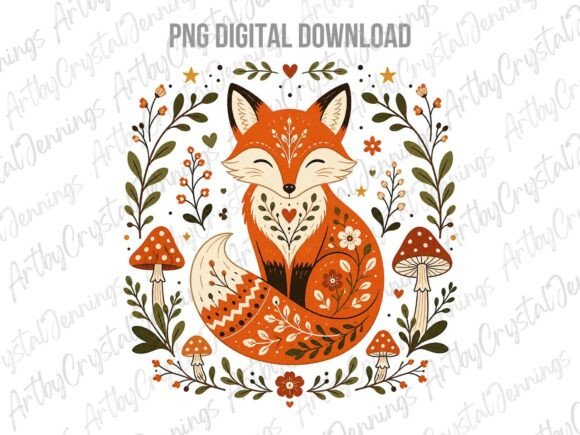 Download Folk Art Fox and Woodland Mushrooms PNG - Png Collection