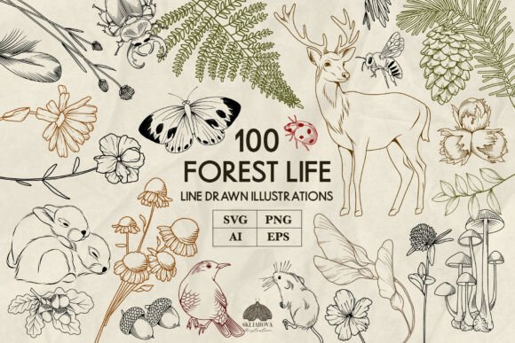 Download Forest Animals and Plants Line Art Svg - Forest Collection