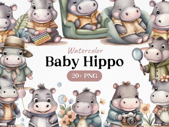 Download Watercolor Bundle Baby Hippo Clipart PNG - Png Collection